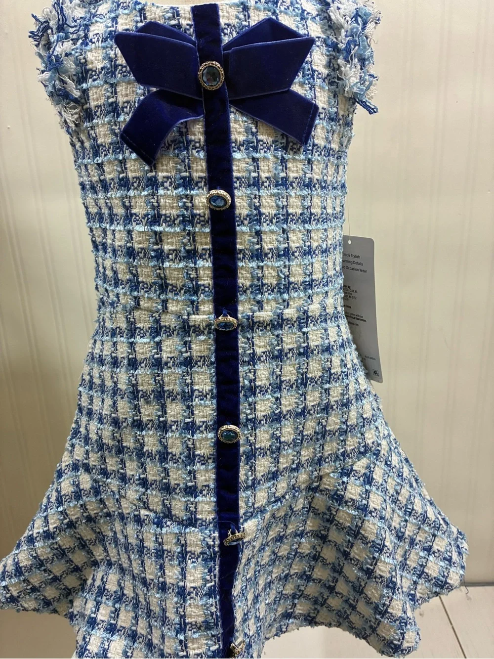 Blue Tweed Girls Dress with Velvet Bow